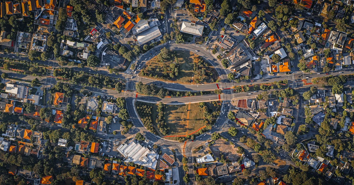 Why does Google suggest roundabout routes in Berlin? - Drone view of well run residential city district