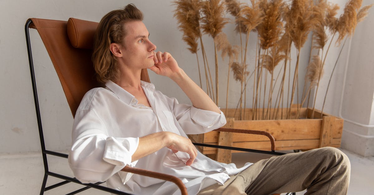 Why does the window-side armrest never move? - Side view of pensive male in white shirt sitting on comfortable armchair with hand at chin and looking in distance in room with dried plants