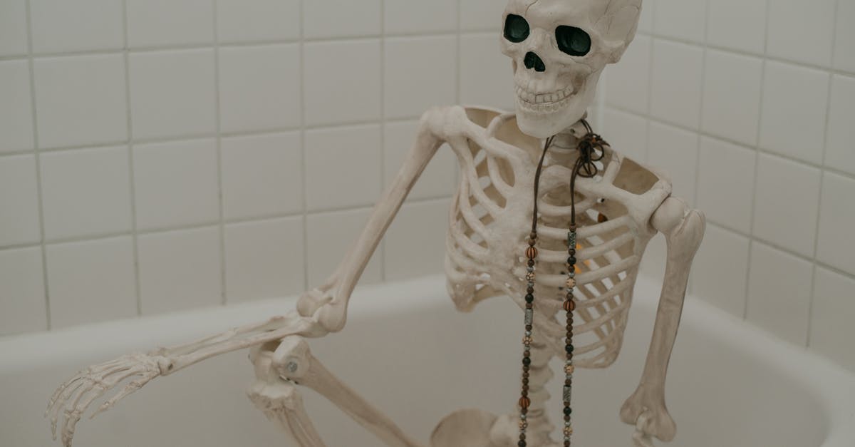 Why is this bathroom symbol in Germany "00"? - White skeleton with long chaplet sitting in bath without water in bathroom with white tiles on wall