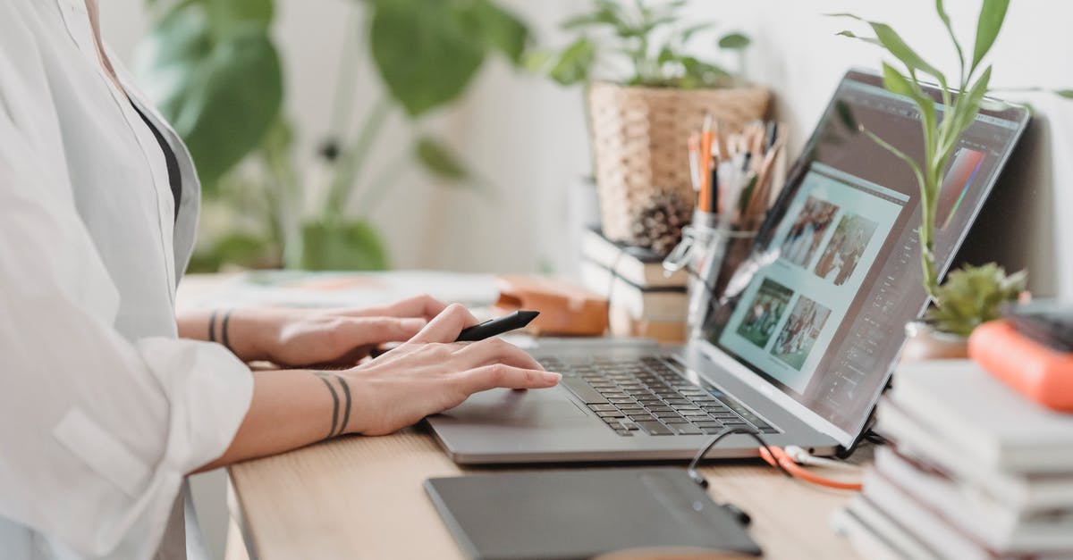 Wonky passport photo - Woman working retouching photo on laptop at convenient workplace